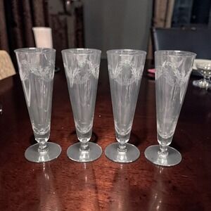 Chintz Etched Pilsner Glasses, Set of 4, Clear Footed Glassware, Vintage Barware